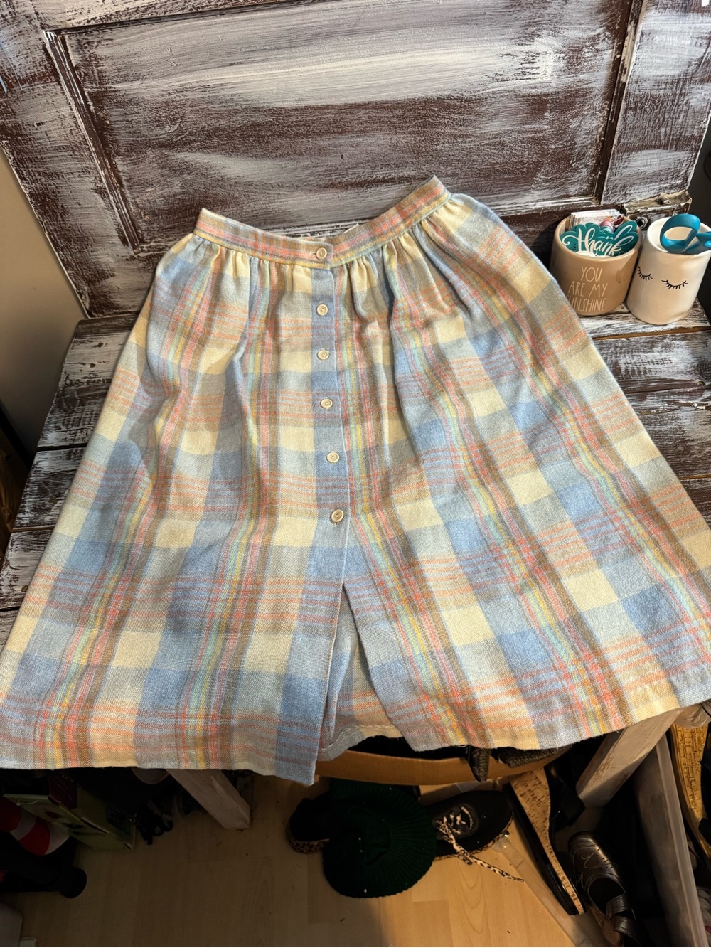 Vintage Pastel Plaid Button-Front Women's Skirt - Cream/Blue/Pink